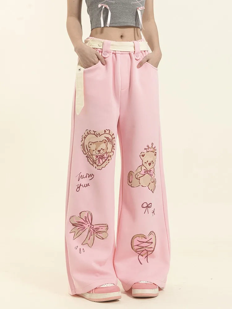 Pastel Bear Print Wide-Leg Pants – Kawaii Harajuku Y2K Aesthetic