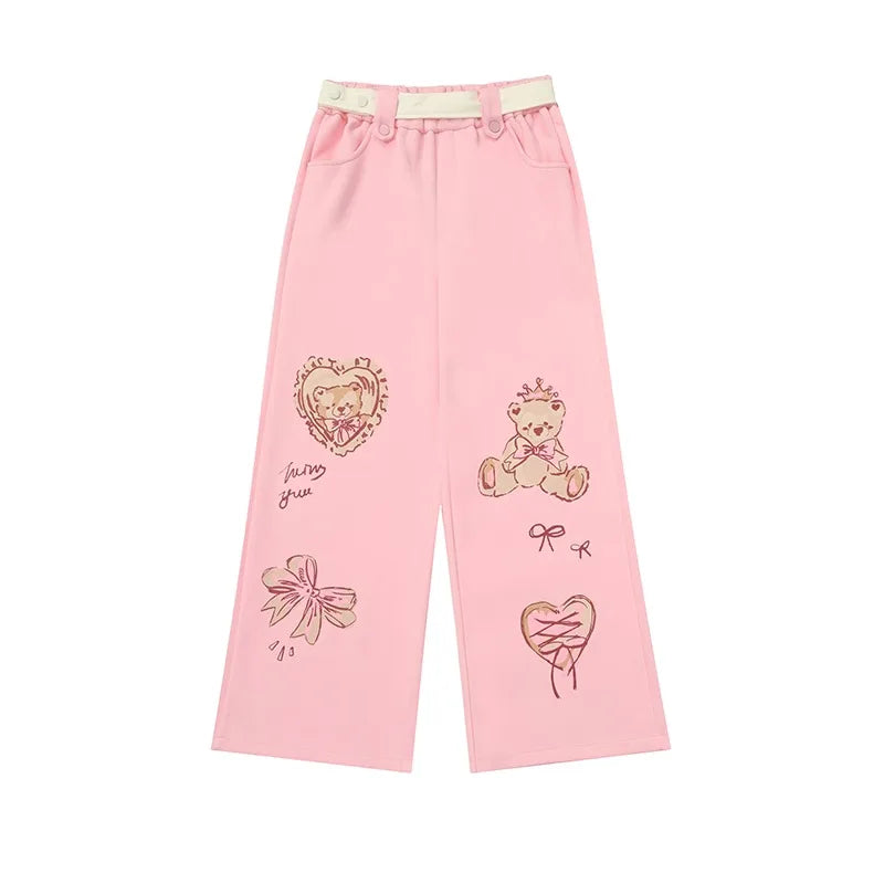 Pastel Bear Print Wide-Leg Pants – Kawaii Harajuku Y2K Aesthetic