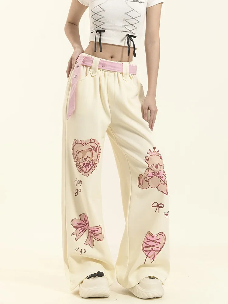 Pastel Bear Print Wide-Leg Pants – Kawaii Harajuku Y2K Aesthetic