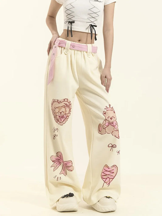 Pastel Bear Print Wide-Leg Pants – Kawaii Harajuku Y2K Aesthetic