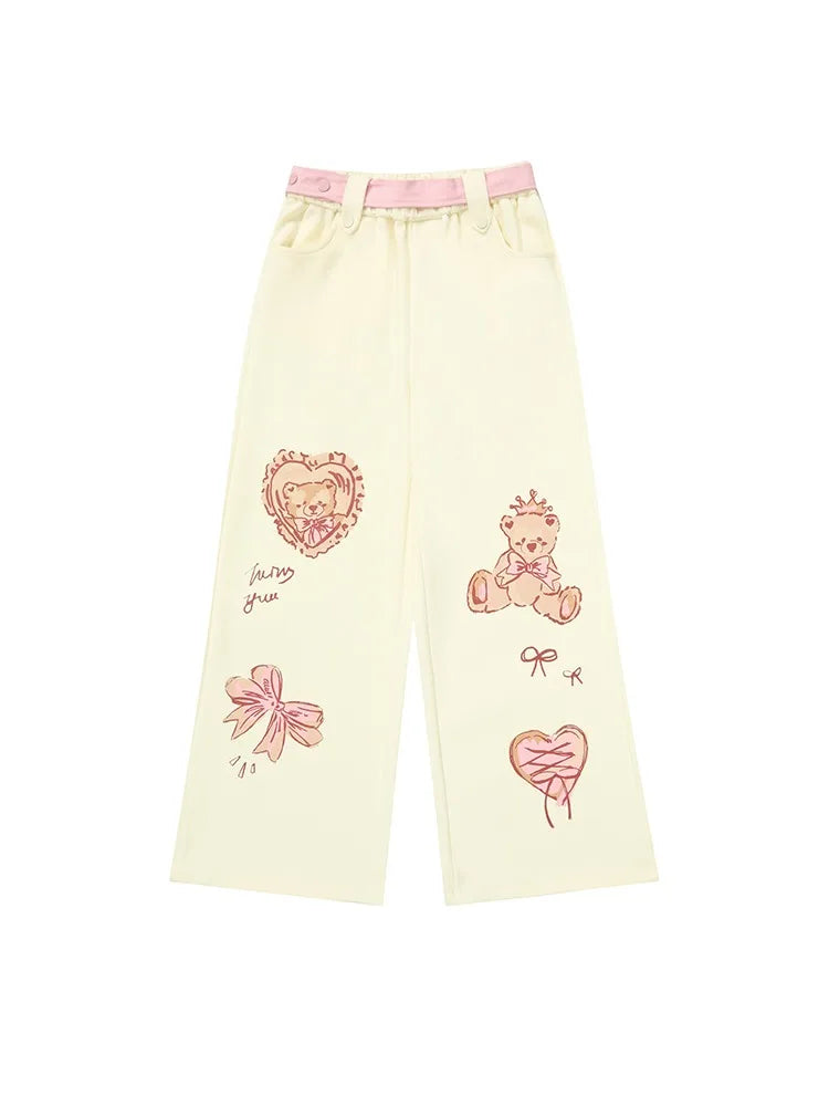 Pastel Bear Print Wide-Leg Pants – Kawaii Harajuku Y2K Aesthetic