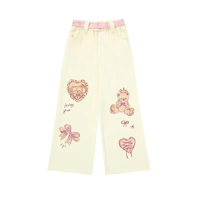 Pastel Bear Print Wide-Leg Pants – Kawaii Harajuku Y2K Aesthetic