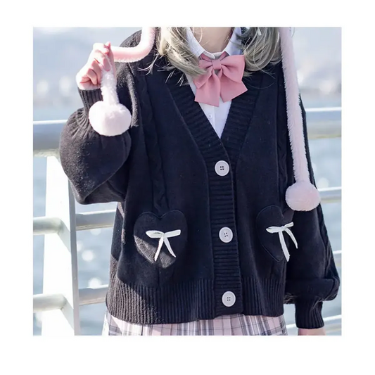Kawaii Knitted Cardigan – Women's Heart Pocket Bow Sweater