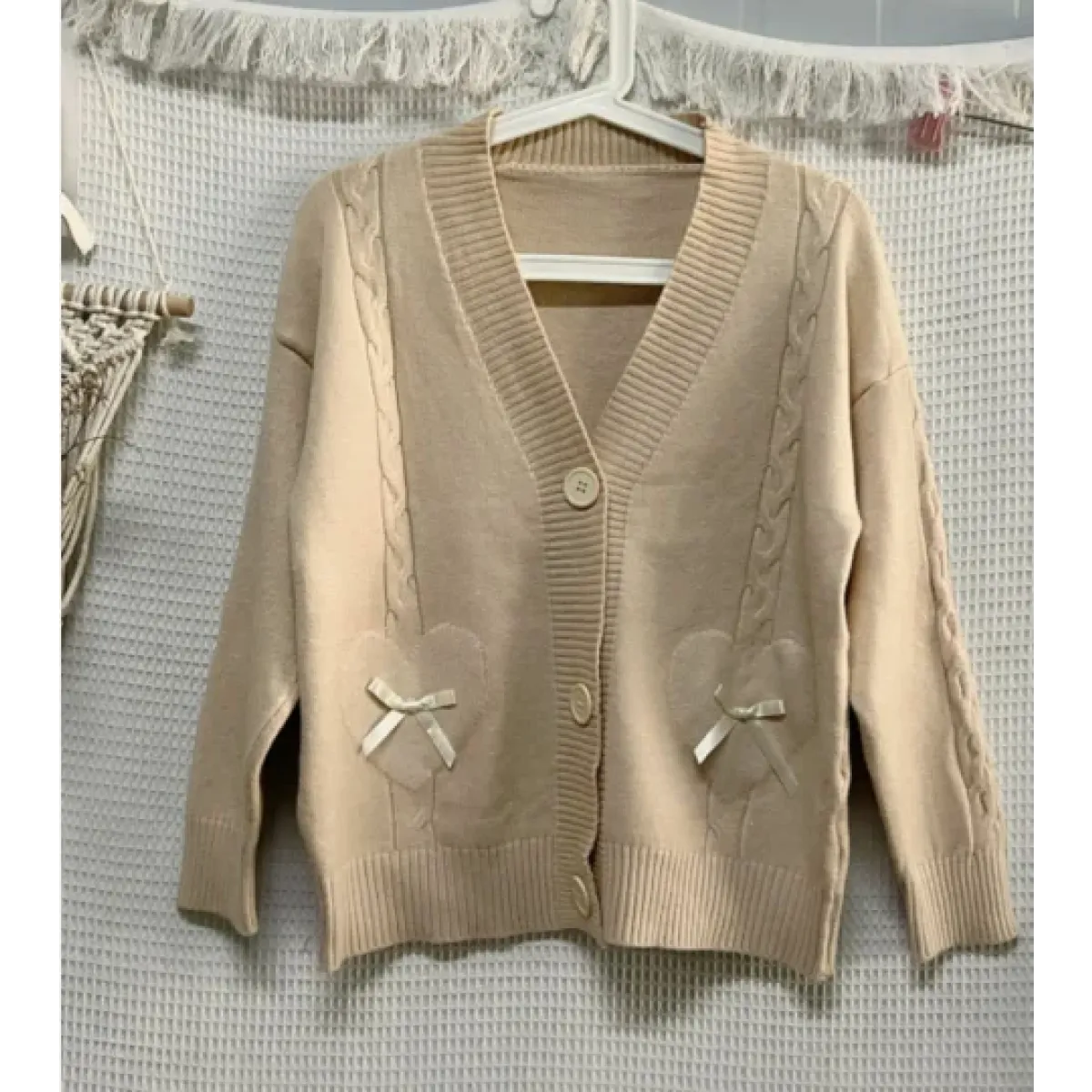 Kawaii Knitted Cardigan – Women's Heart Pocket Bow Sweater