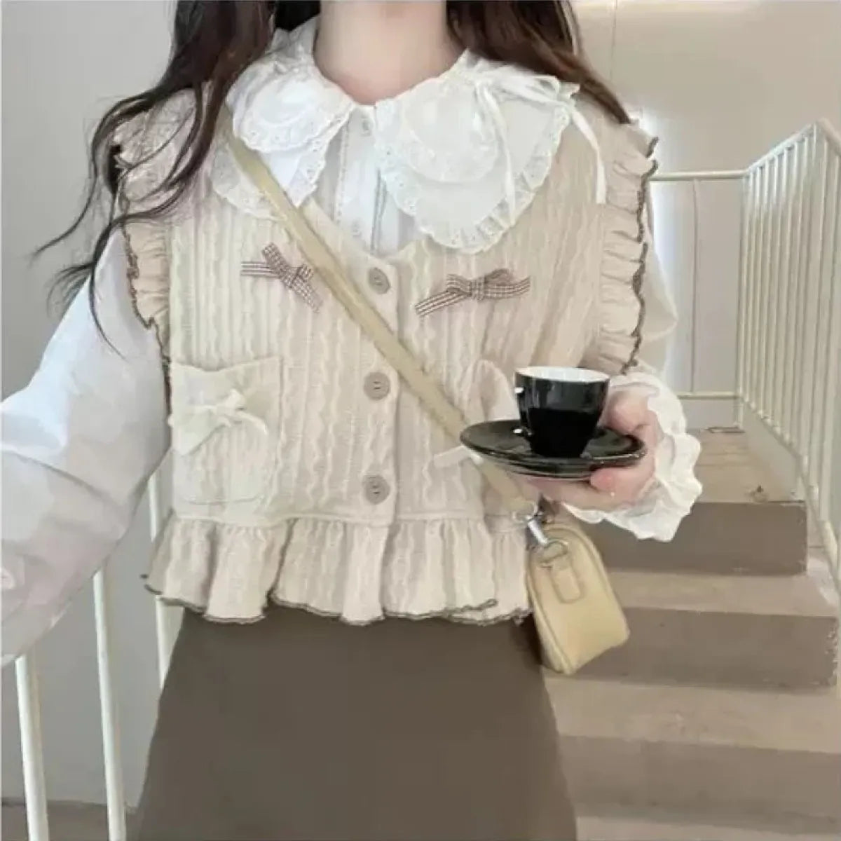Kawaii Lolita Ruffle Knit Sweater Vest - Japanese Bow Cardigan