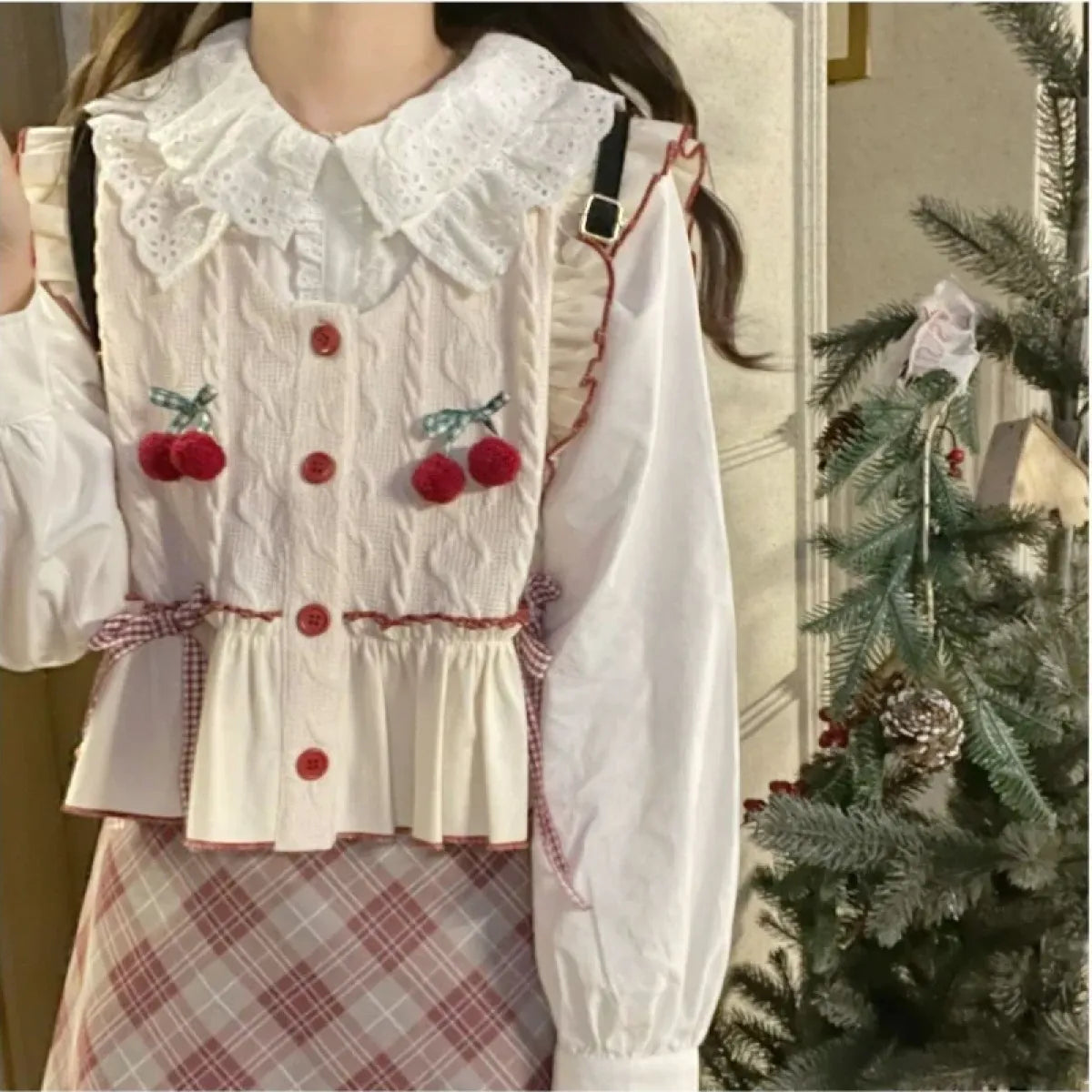 Kawaii Patchwork Cherry Bow Knit Sweater Vest