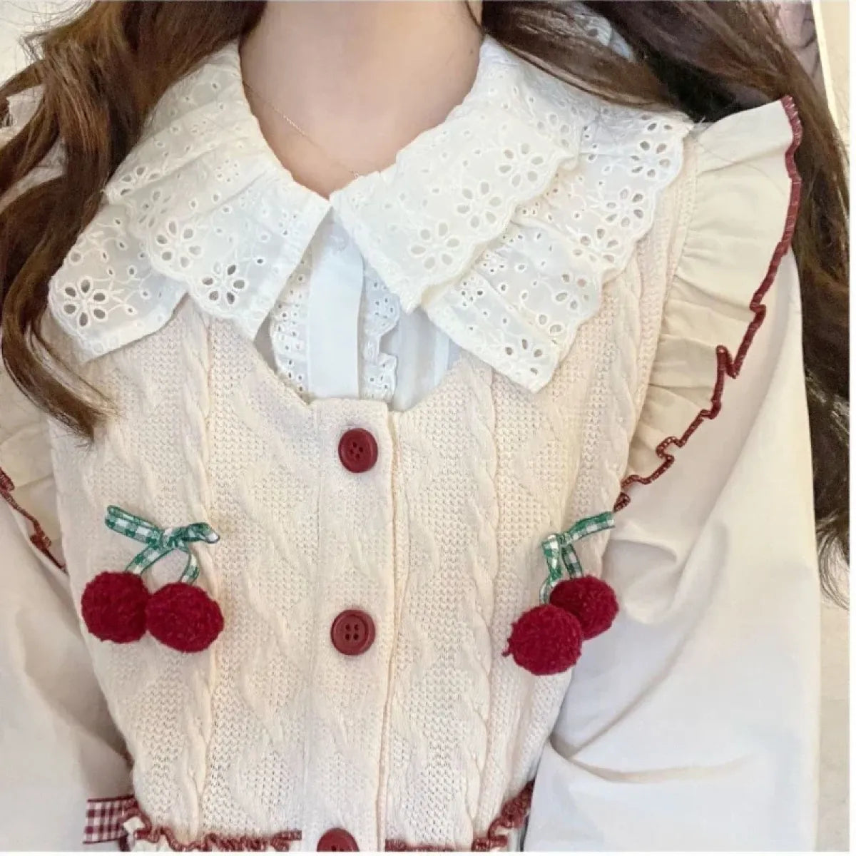 Kawaii Patchwork Cherry Bow Knit Sweater Vest