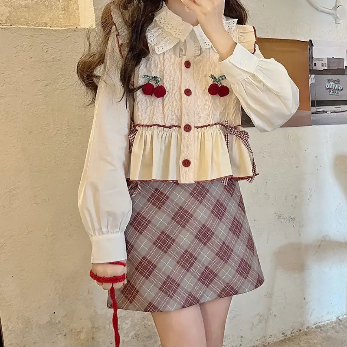 Kawaii Patchwork Cherry Bow Knit Sweater Vest