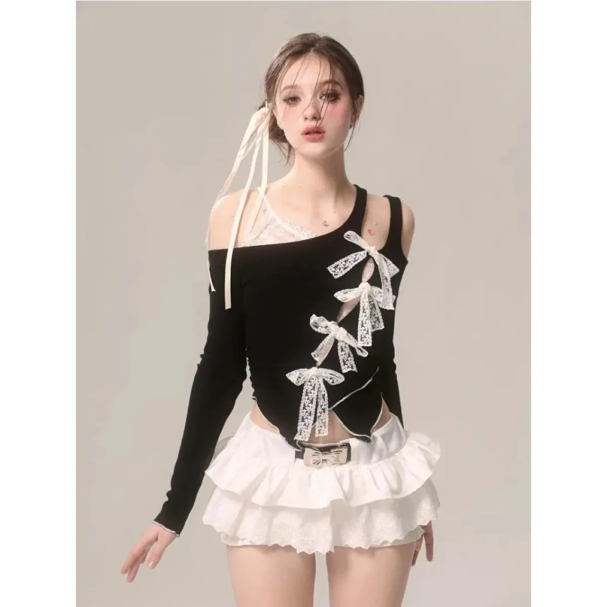 Lace Bow Cutout Top – Kawaii Y2K Harajuku Aesthetic
