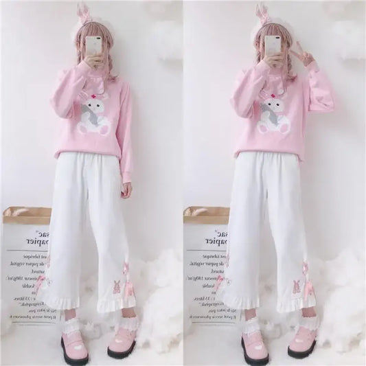 Korean Black Bunny Print Wide Leg Pants