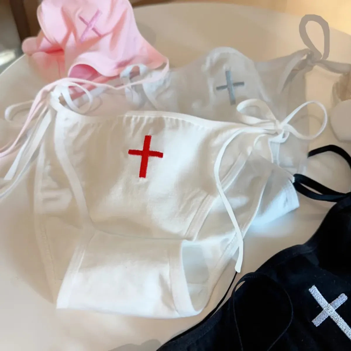 Cross Embroidered Low-Waist Lace-Up Lolita Cotton Panties – Kawaii