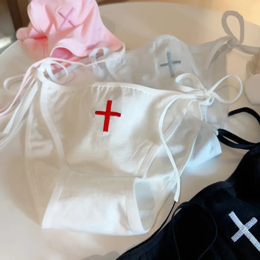 Cross Embroidered Low-Waist Lace-Up Lolita Cotton Panties – Kawaii