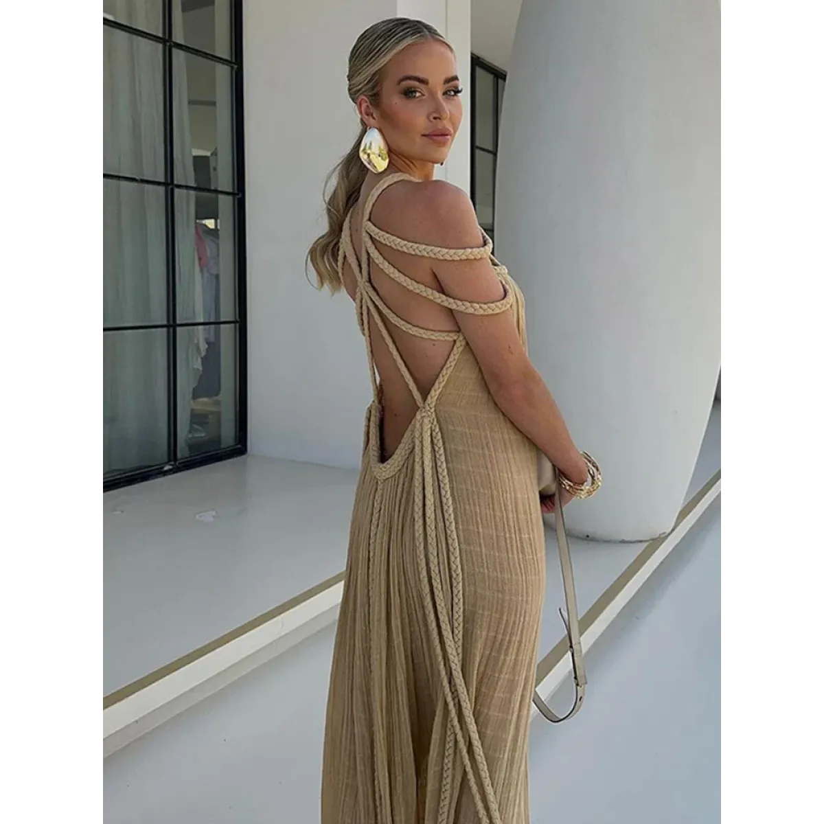 Loose Sleeveless Maxi Beach Dress: Off-Shoulder Crochet Cut-Out Design