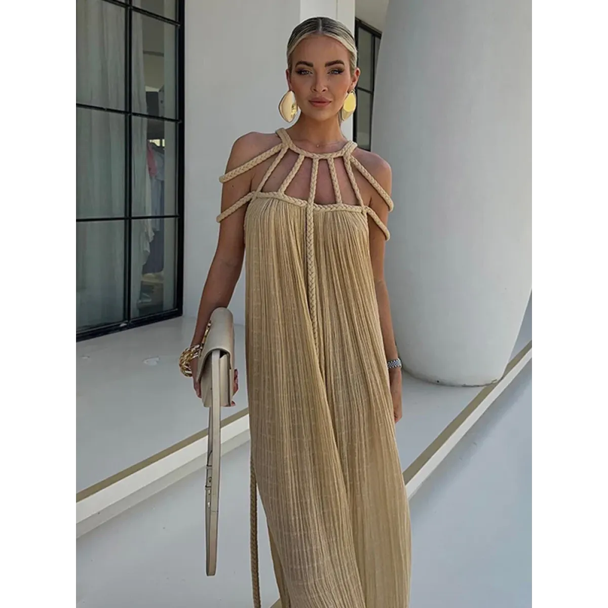 Loose Sleeveless Maxi Beach Dress: Off-Shoulder Crochet Cut-Out Design