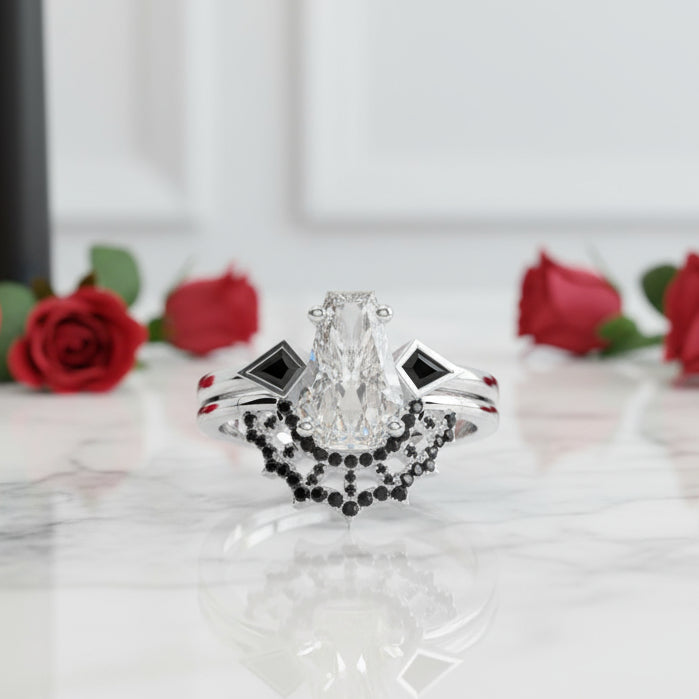 LOVE SPELL- Coffin Cut Diamond Spider Web Gothic Wedding Ring Set