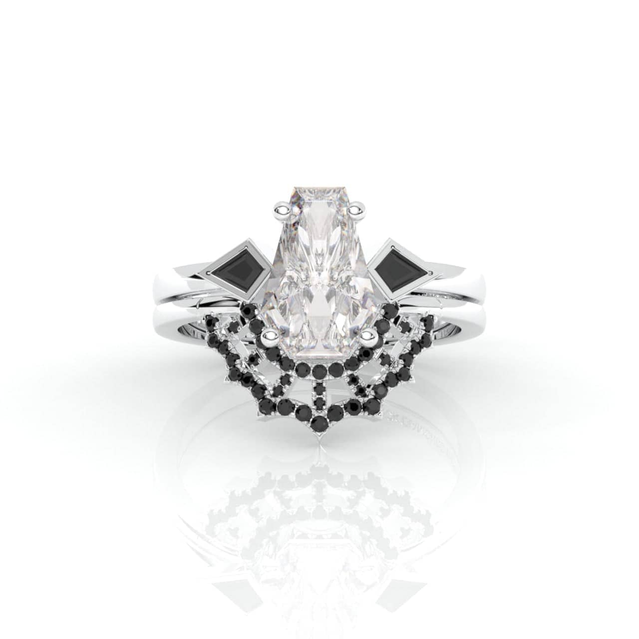 LOVE SPELL- Coffin Cut Diamond Spider Web Gothic Wedding Ring Set
