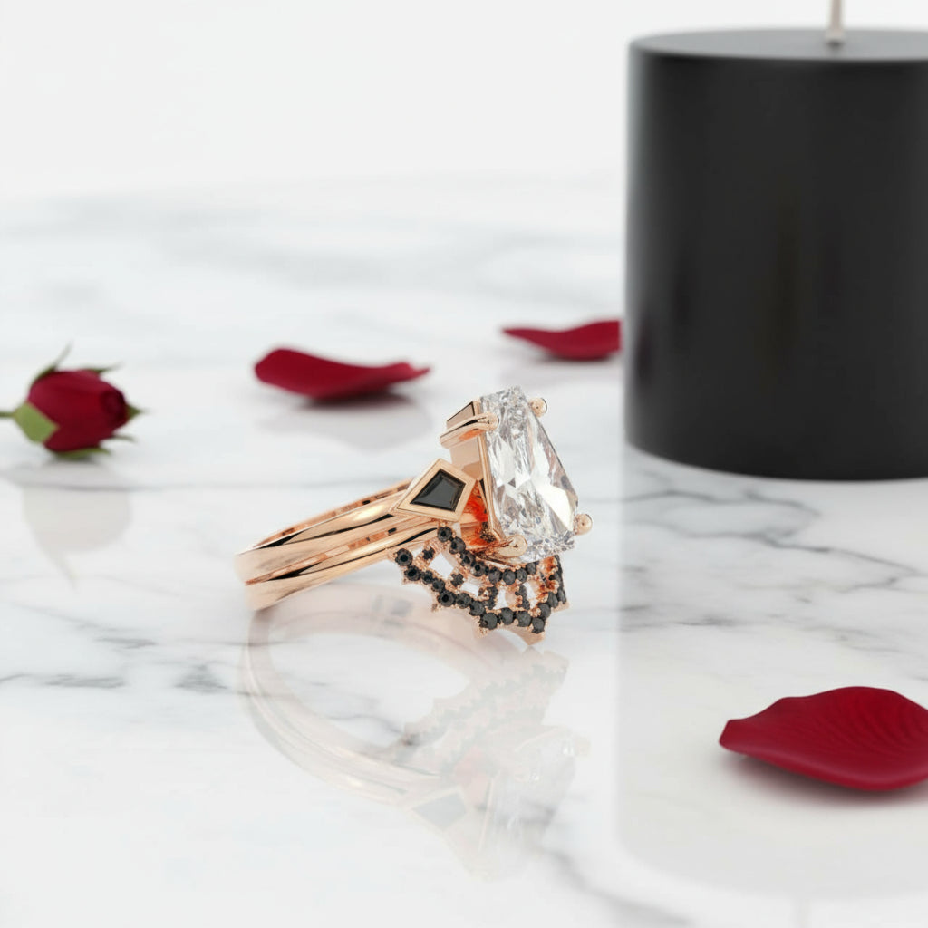 LOVE SPELL- Coffin Cut Diamond Spider Web Gothic Wedding Ring Set