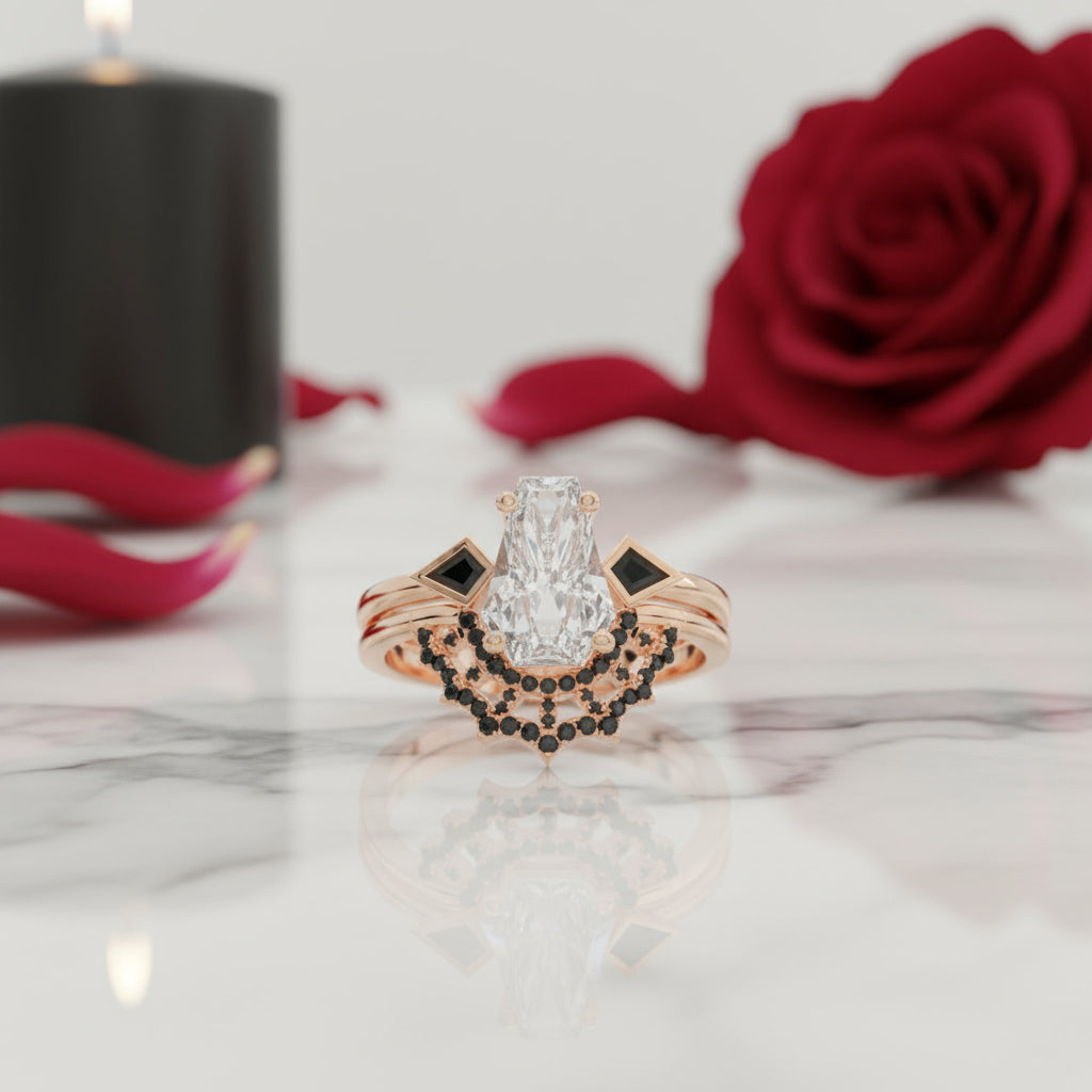 LOVE SPELL- Coffin Cut Diamond Spider Web Gothic Wedding Ring Set
