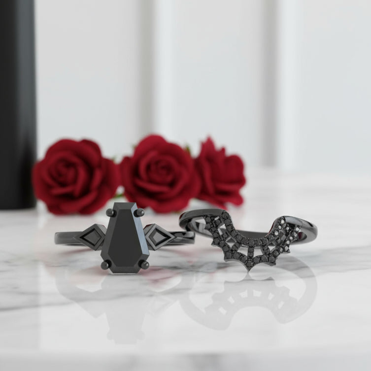LOVE SPELL- Coffin Cut Diamond Spider Web Gothic Wedding Ring Set
