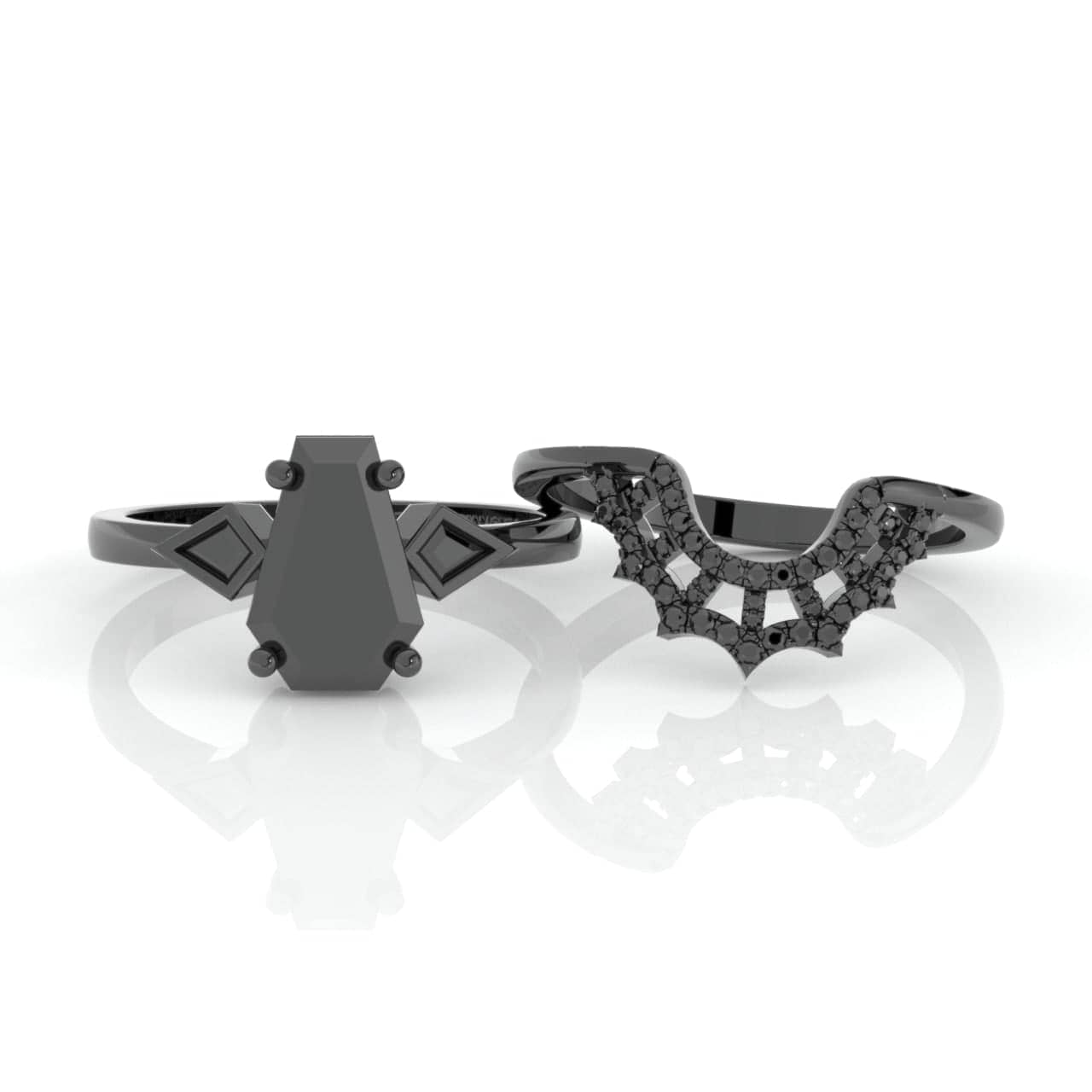 LOVE SPELL- Coffin Cut Diamond Spider Web Gothic Wedding Ring Set