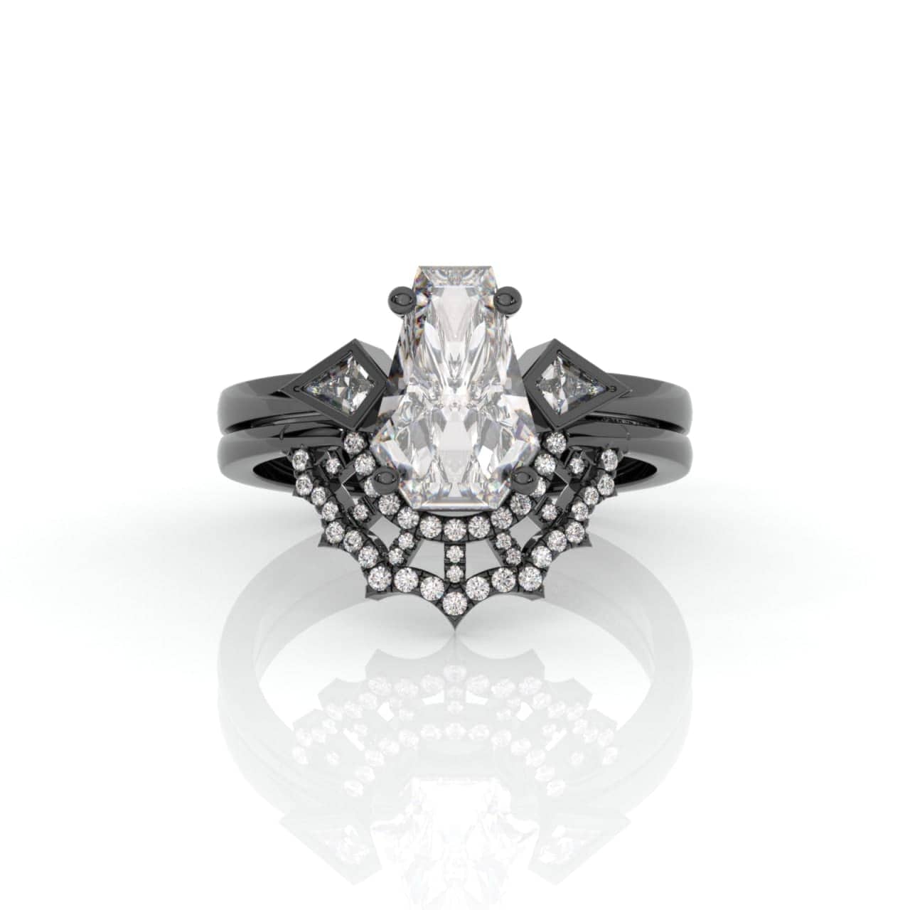LOVE SPELL- Coffin Cut Diamond Spider Web Gothic Wedding Ring Set