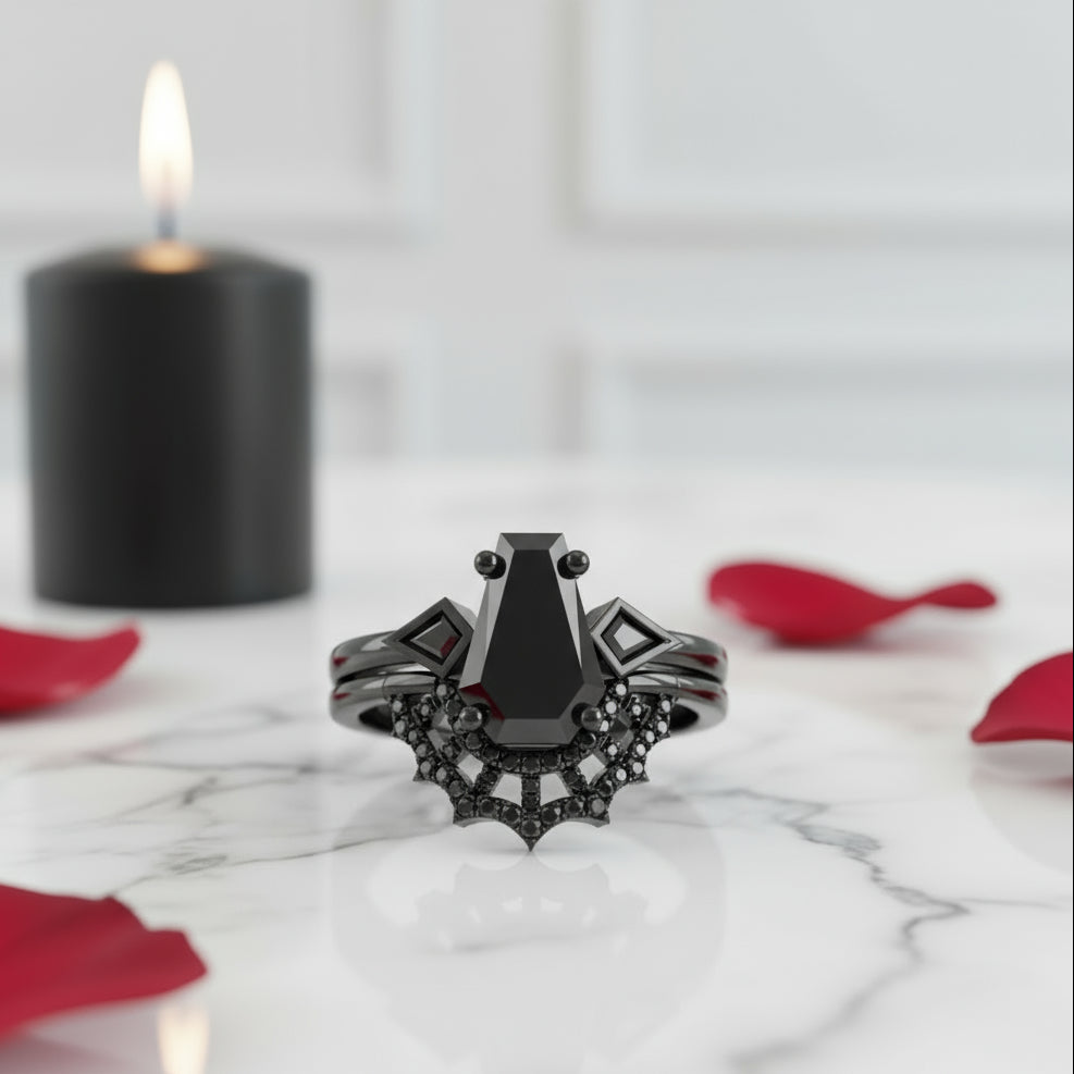 LOVE SPELL- Coffin Cut Diamond Spider Web Gothic Wedding Ring Set