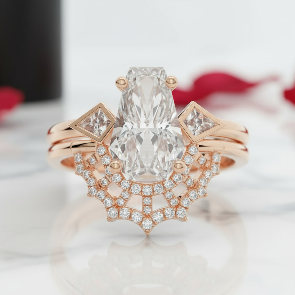 LOVE SPELL- Coffin Cut Diamond Spider Web Gothic Wedding Ring Set