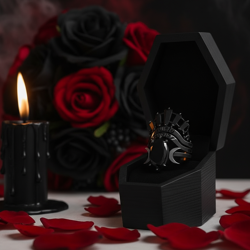 Always and Forever Promise Rings - Oval Cut Diamond Gothic Bridal Set in 14K Rose Gold