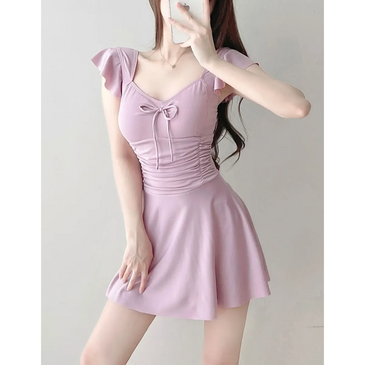 Mauve Ruffle Sleeve One Piece Swimsuit – Bow Detail Mini Dress Style