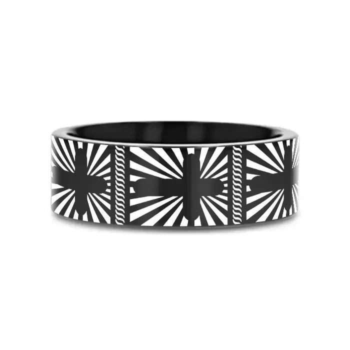 SUNBURST CROSSES on Black Flat Tungsten Carbide Ring