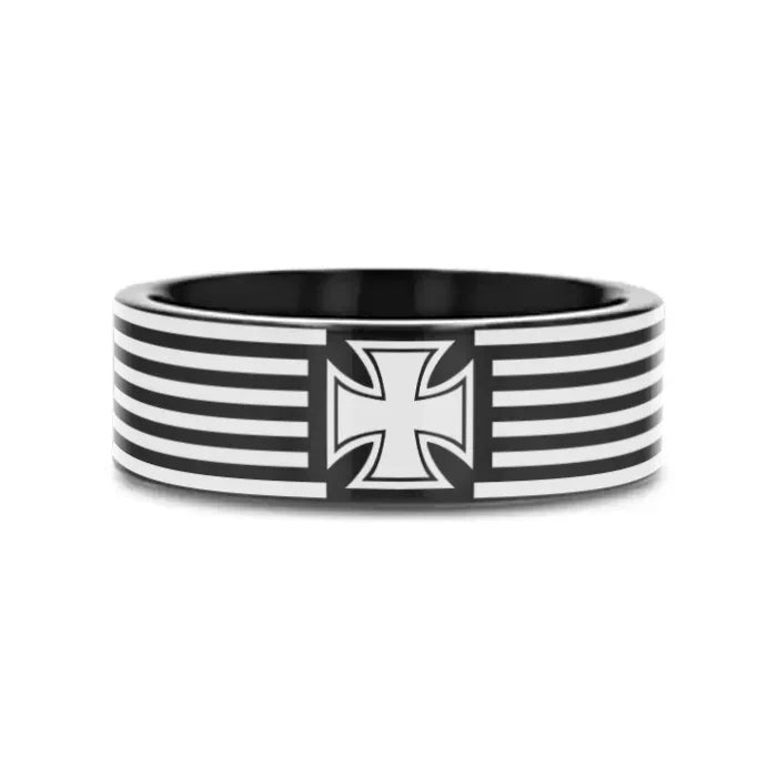 IRON CROSS on Black Flat Tungsten Carbide Ring