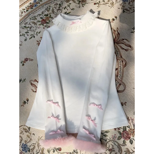 White Lace Trim Top – Pink Bow & Fuzzy Cuff Harajuku Blouse