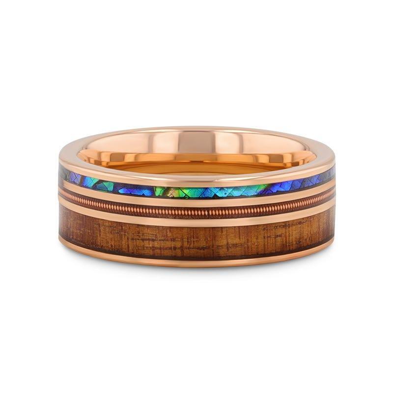 MOANA Smoked Rose Gold Tungsten Ring with Hawaiian Koa Wood, Abalone Shell & Guitar String – 8mm