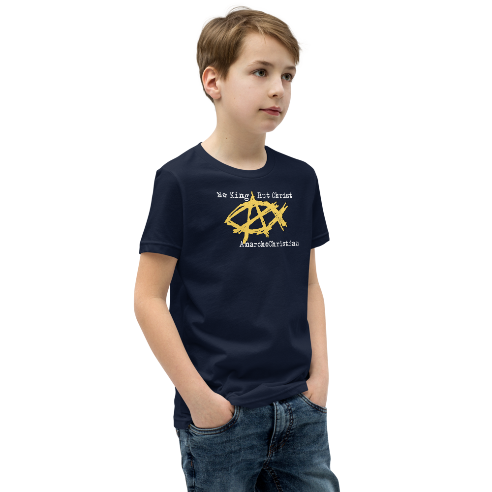 AnarchoChristian No King But Christ - Anarchist Jesus Fish Youth Short Sleeve T-Shirt