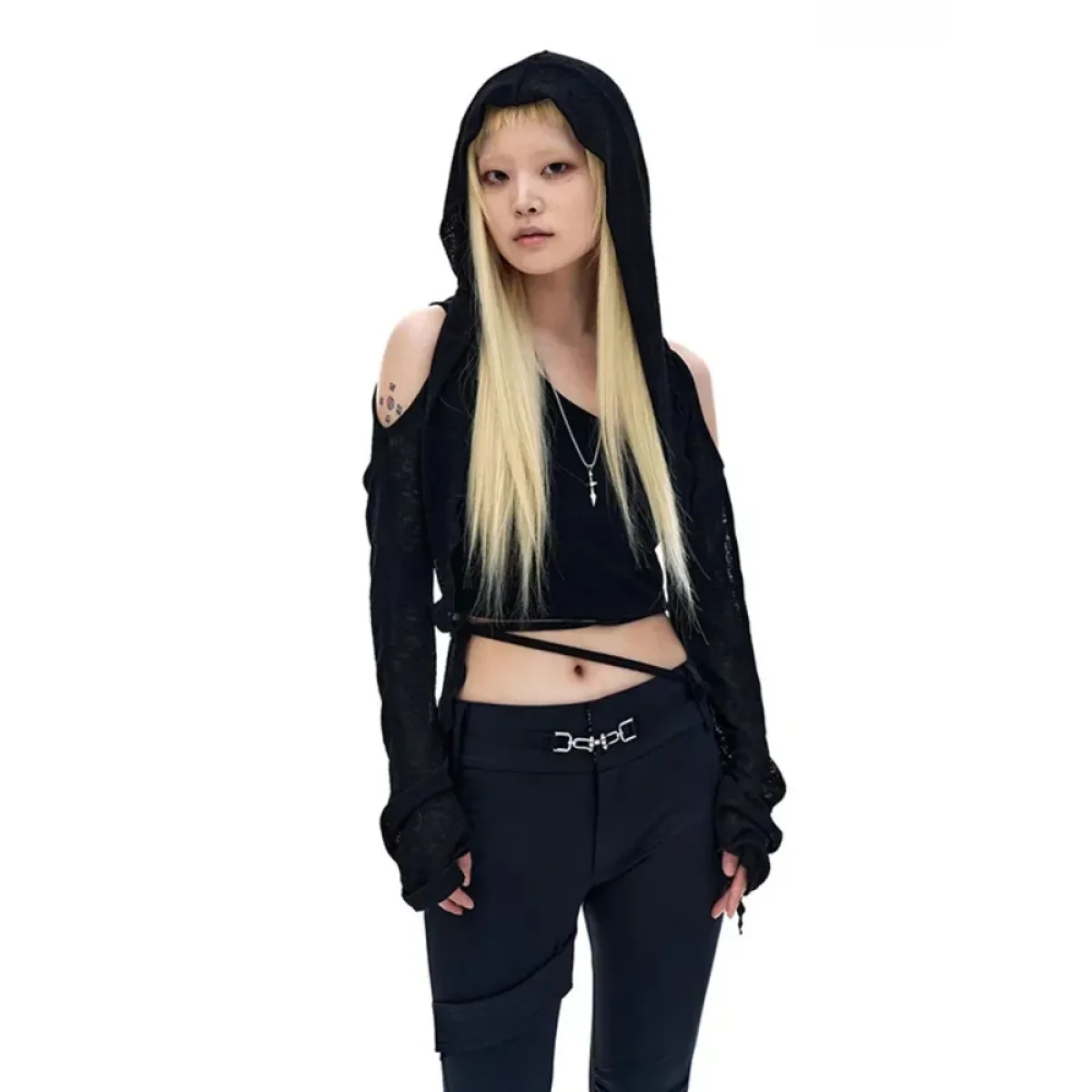 Modern Mystic Hooded Top – Edgy Cutout Sleeves Pullover