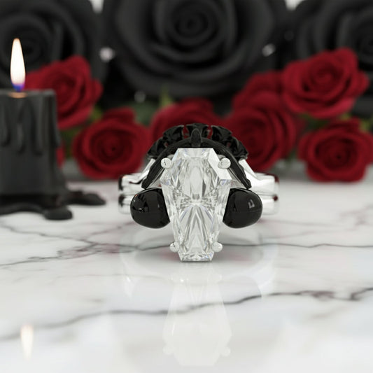 My Ever After Ring with Coffin Cut Diamond with Skulls, Bat and Roses Promise Ring