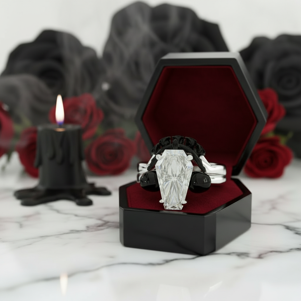 My Ever After Ring with Coffin Cut Diamond with Skulls, Bat and Roses Promise Ring