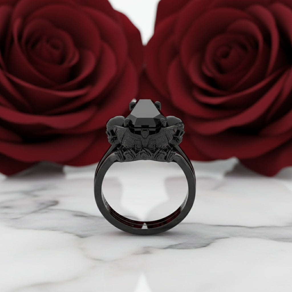 My Ever After Ring - Coffin Cut Diamond with Skulls, Bat and Roses Promise Ring