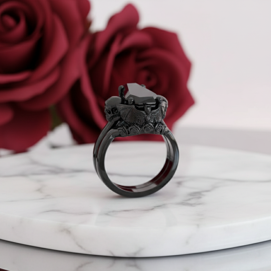My Ever After Ring - Coffin Cut Diamond with Skulls, Bat and Roses Promise Ring