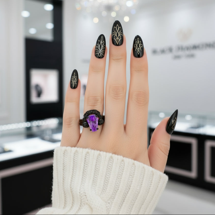 My Ever After Ring with Coffin Cut Diamond with Skulls, Bat and Roses Promise Ring