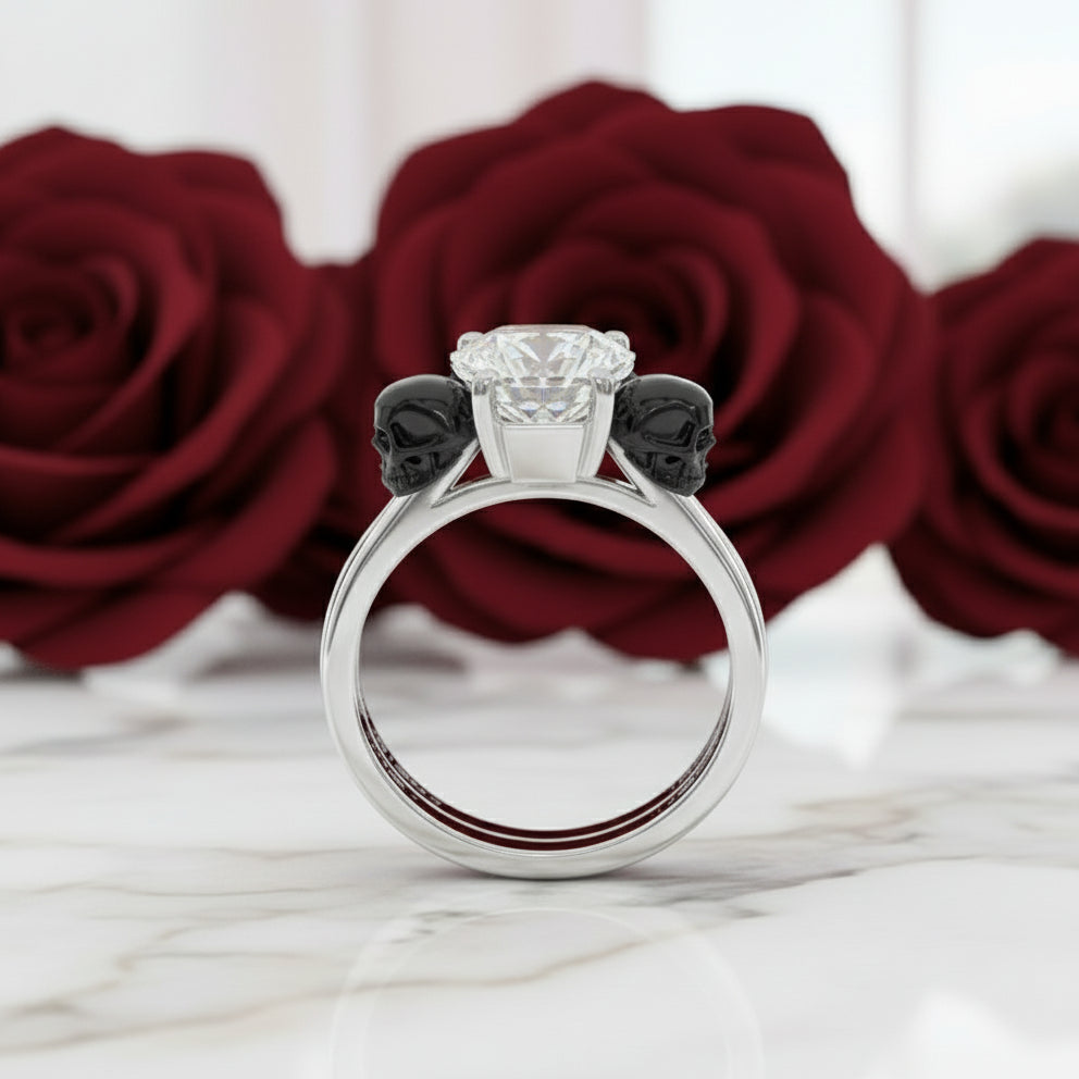 My Ever After Ring with Coffin Cut Diamond with Skulls, Bat and Roses Promise Ring