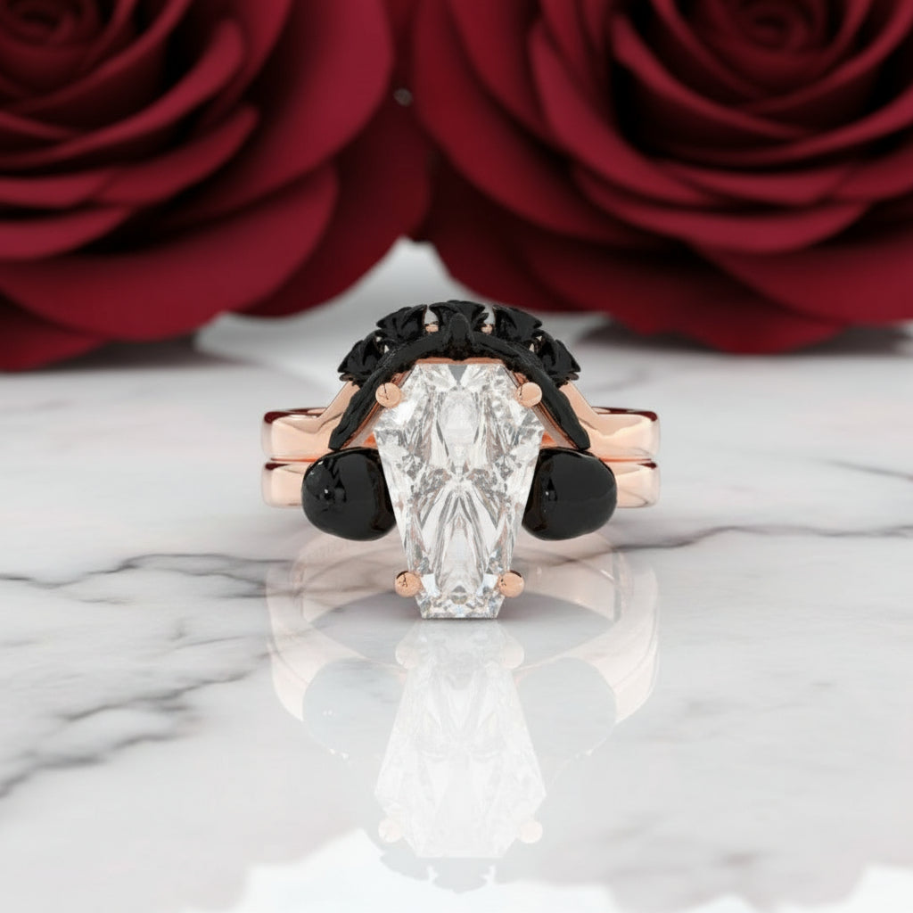 My Ever After Ring - Coffin Cut Diamond with Skulls, Bat and Roses Promise Ring