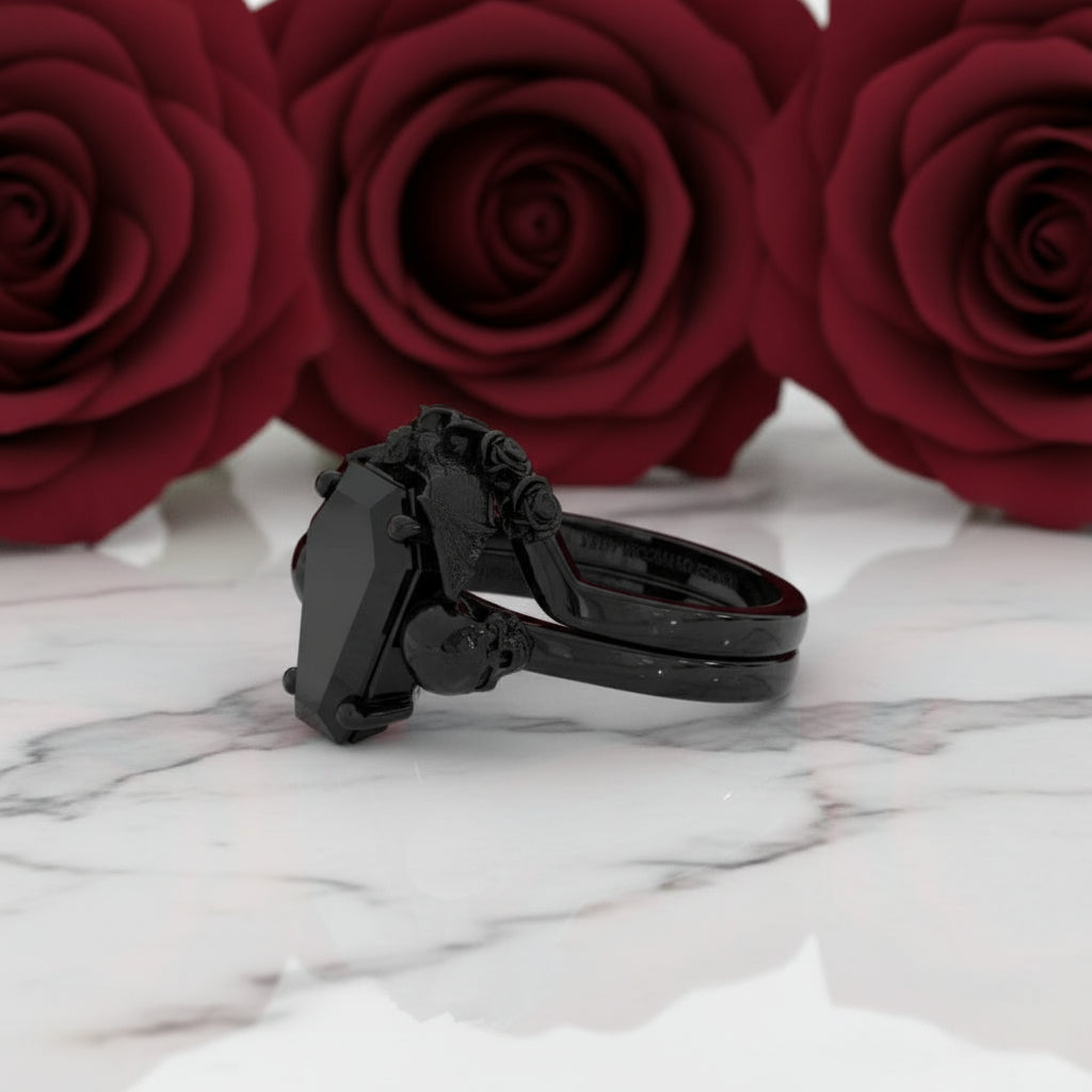 My Ever After Ring - Coffin Cut Diamond with Skulls, Bat and Roses Promise Ring