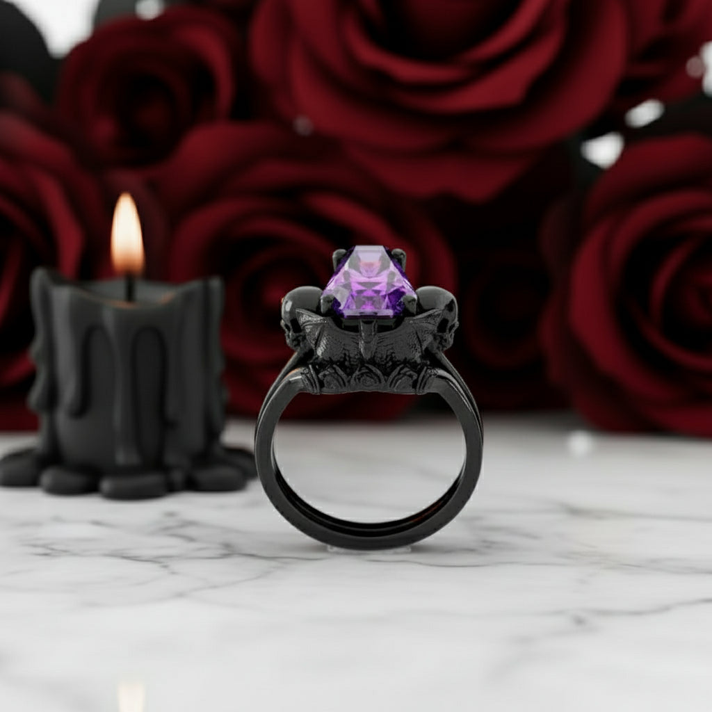 My Ever After Ring - Coffin Cut Diamond with Skulls, Bat and Roses Promise Ring