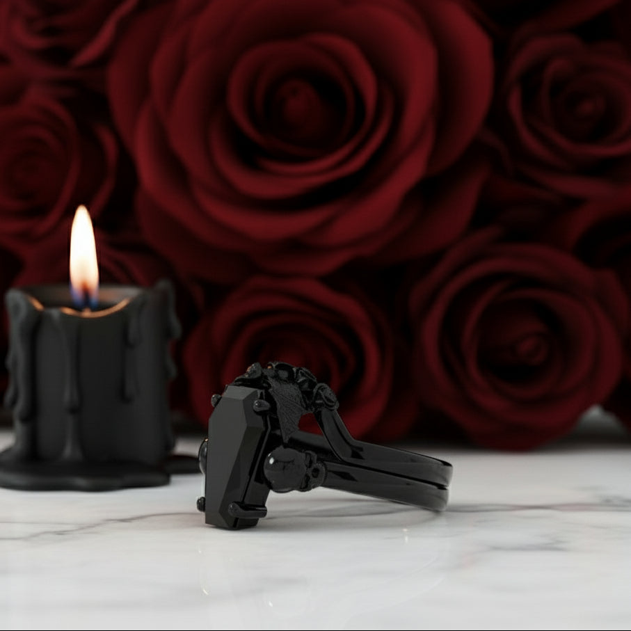 My Ever After Ring - Coffin Cut Diamond with Skulls, Bat and Roses Promise Ring