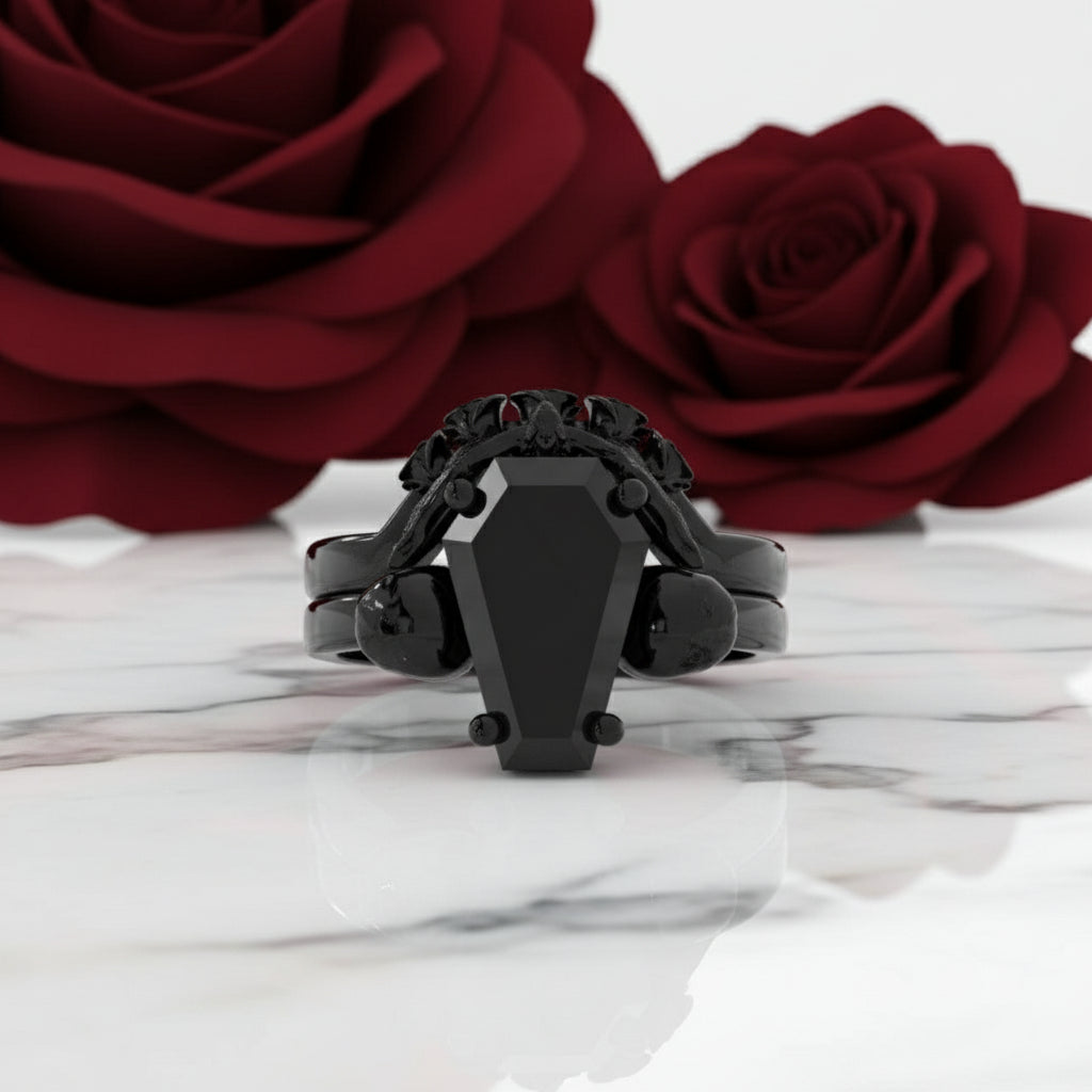 My Ever After Ring - Coffin Cut Diamond with Skulls, Bat and Roses Promise Ring