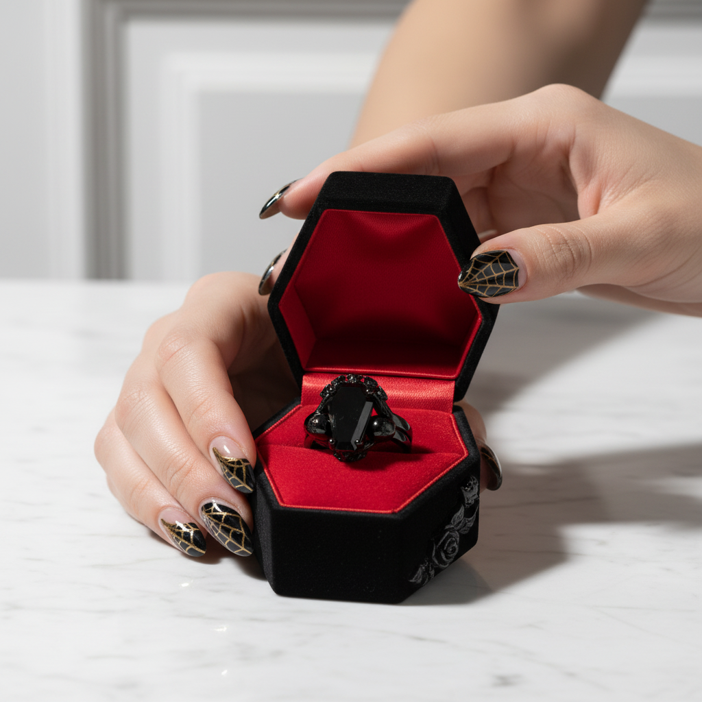My Ever After Ring - Coffin Cut Diamond with Skulls, Bat and Roses Promise Ring