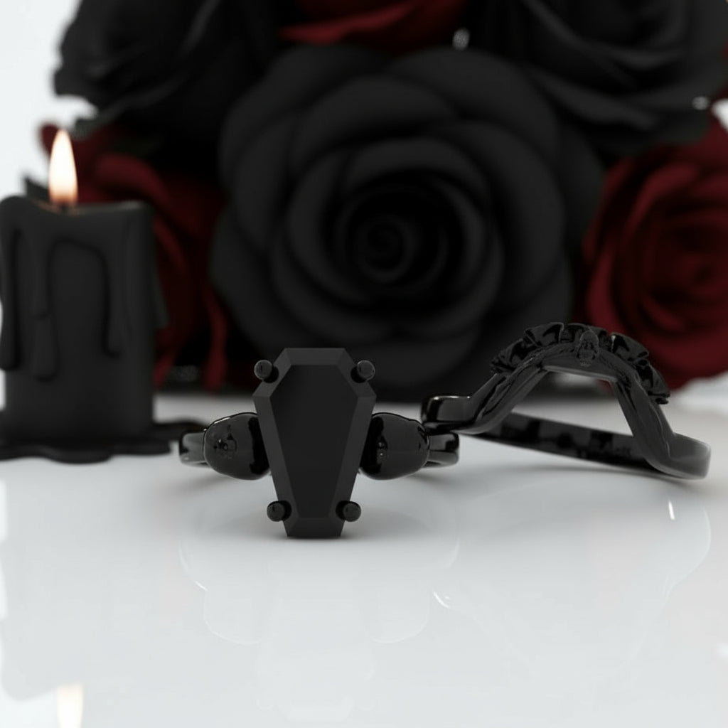 My Ever After Ring - Coffin Cut Diamond with Skulls, Bat and Roses Promise Ring