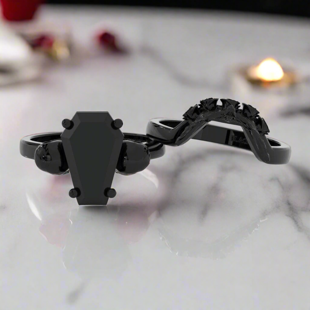 My Ever After Ring - Coffin Cut Diamond with Skulls, Bat and Roses Promise Ring