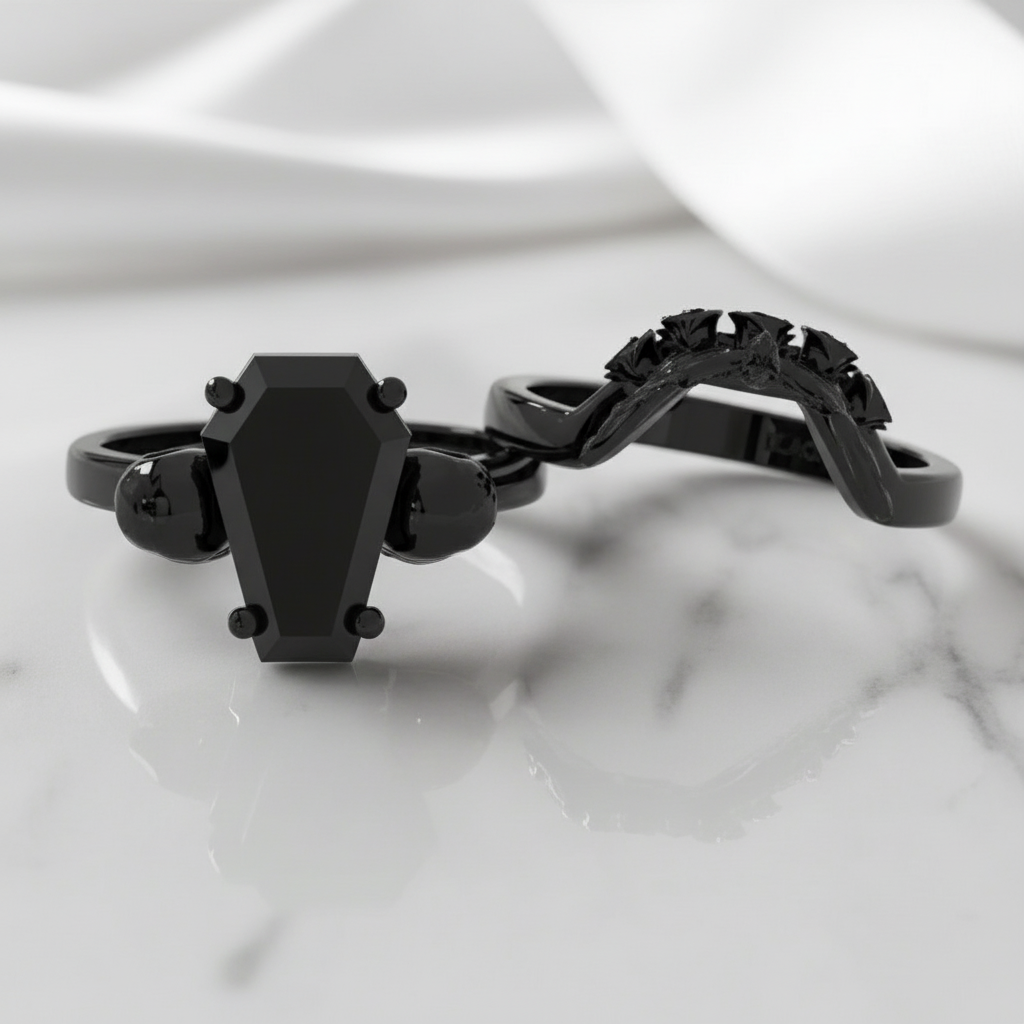 My Ever After Ring - Coffin Cut Diamond with Skulls, Bat and Roses Promise Ring